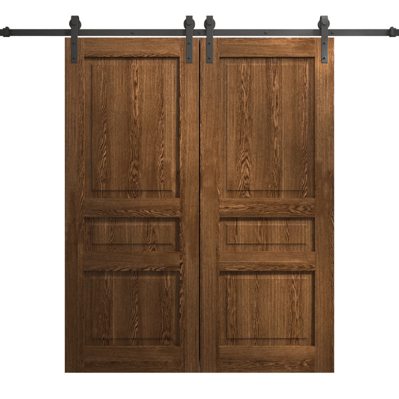 Porte de grange double moderne | Ego 5012 | Ensemble de rail | Portes intérieures solides, Chêne cognac, 64 po x 80 po