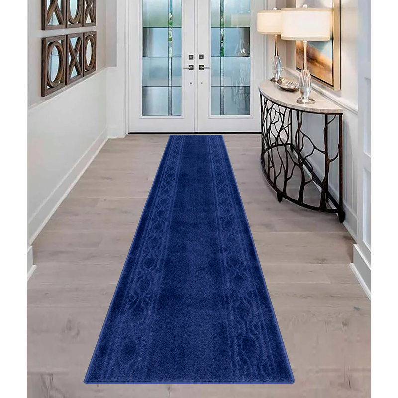 Trellis Border Navy Medium Pile Slip Resistant Rugs, Runner 2'2" x 7'