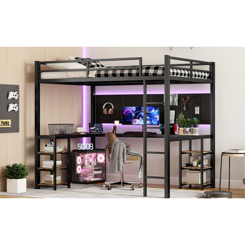 Full Xl Metal Loft Bed With Desk & Shelves - Black For A Classy Bedroom And Comfortable Stay, Full XL, Black/Brown