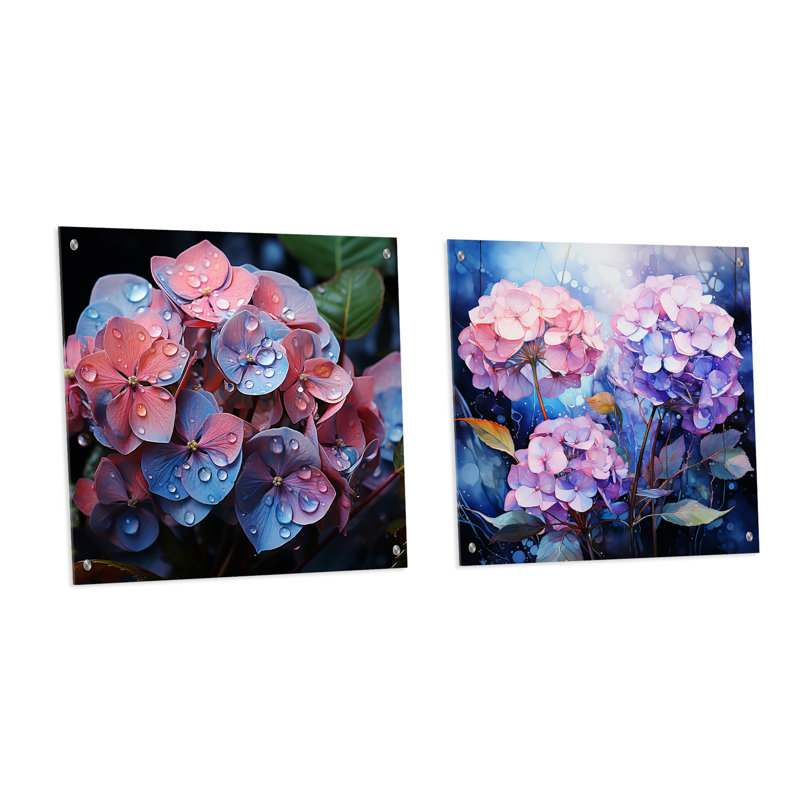 Hortensia rose et bleu, ensemble de 2 verres muraux en acrylique, H 36 po x l 73 po