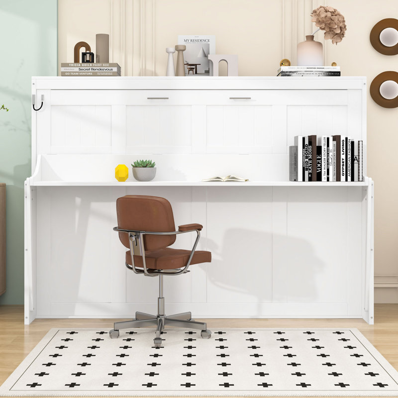 Wood Murphy Bed with Shelves, Full, White