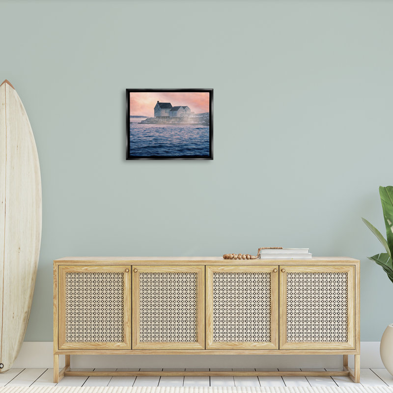 «Coastal Cottage Seaside Ocean Waves Floater», art mural par Rick Berk, Cadre flottant noir de jais