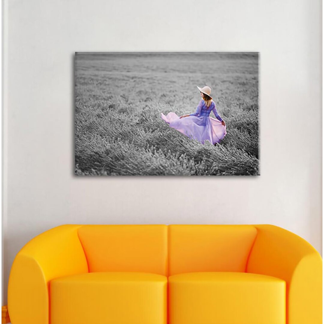 Leinwandbild Woman in Dress Running Through Lavender Field B&W Detail