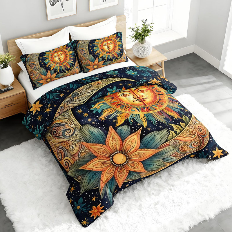 Celestial Sun Moon Comforter Set, Bohemian Bedding Set with 2 Pillow Cases, Soft and Machine Washable Bedding, All Seasons Comforter for Room Decor