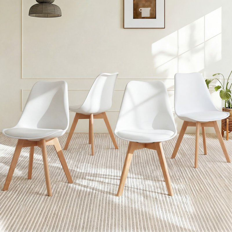Set of 4 Modern Elegant Shell Upholstered Dining Chairs, Wooden Kitchen Chair, White