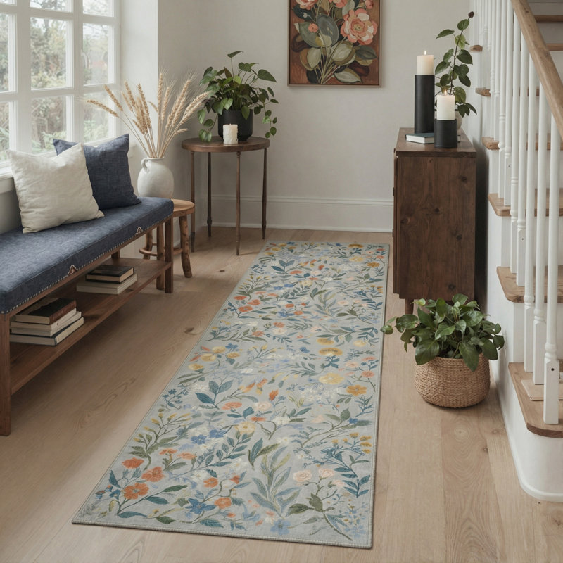 Eden Floral Blue Machine Washable Indoor Runner Rug With Non-Slip Backing, Runner 2'3" x 6', Gray/Blue/Orange