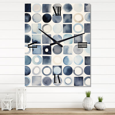 Universal Grid Circular Watercolor Retro Blue III - Modern Geometric Wall Clock Oversized