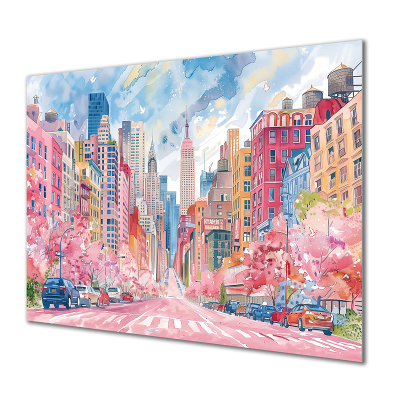 Rose, bleu, bâtiments de New York en été - salon d'art mural de New York, Sans cadre, métal, H 12 po x l 20 po