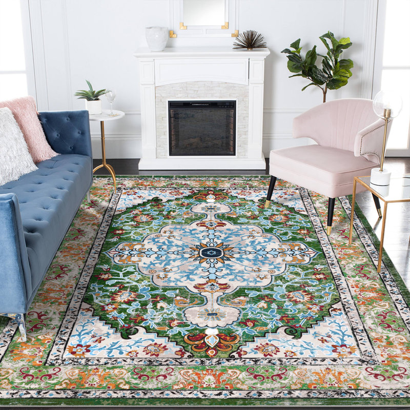 Tapis oriental antidérapant Boho, Bleu / orange / vert, Rectangulaire 8 pi x 10 pi
