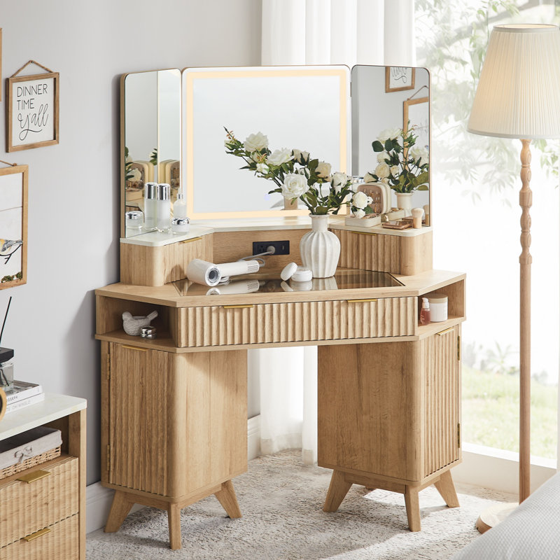 48'' Fluted Makeup Vanity Desk With Hd Triple Mirror And Lights,large Lighted Corner Vanity With Glass Top, Modern Dressing Table With Outlets