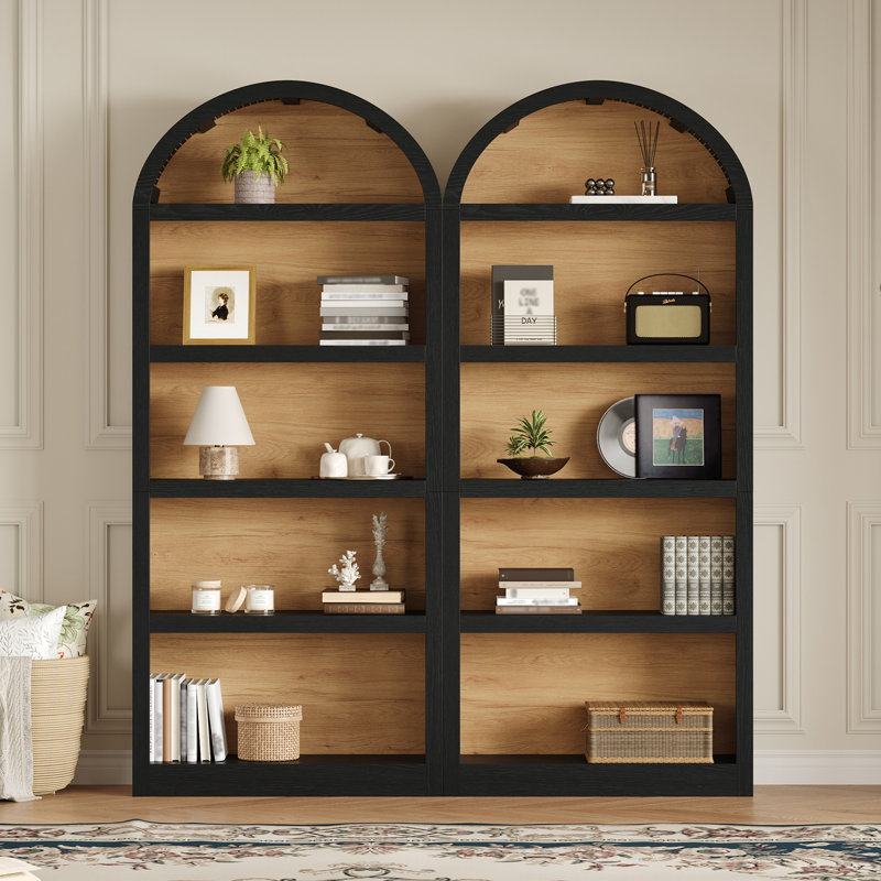 Freestanding 5 Tier Bookcase Set Of 2, Open Storage Display, Arched Top Design, Modern Farmhouse, Living Room, Black