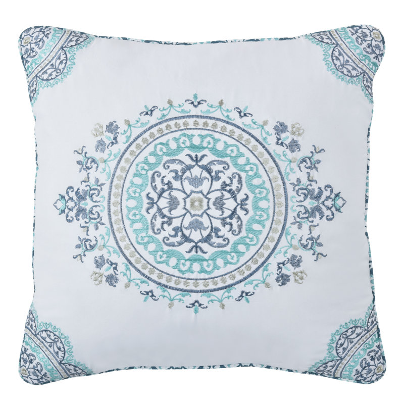 Afton 16" White and Blue Embroidered Square Throw Pillow