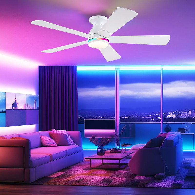 52" 5-blade Flush Mount Ceiling Fans With Lights and Remote, 6 Wind Speeds And Reversible, Modern Low Profile Fan Light For Indoor/covered Outdoor