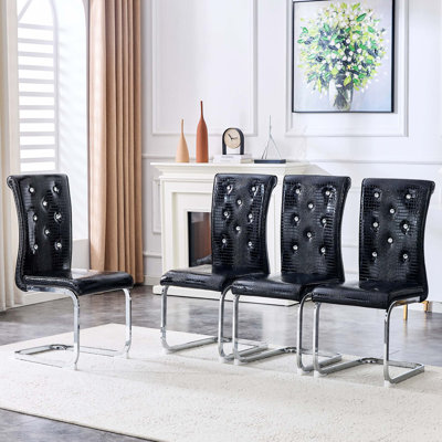 Ensemble de 4 chaises de salle à manger rembourrées en peau d'alligator rétro avec boucles en cristal et similicuir, pattes en métal