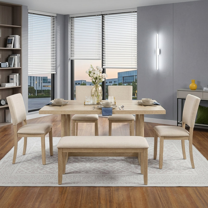 Ensemble de table de salle à manger 6 pièces avec banc, ensemble de table de cuisine rectangulaire en bois avec banc et 4 chaises rembourrées pour le salon, la cuisine, la salle à manger, la base en forme de U, chêne clair et beige