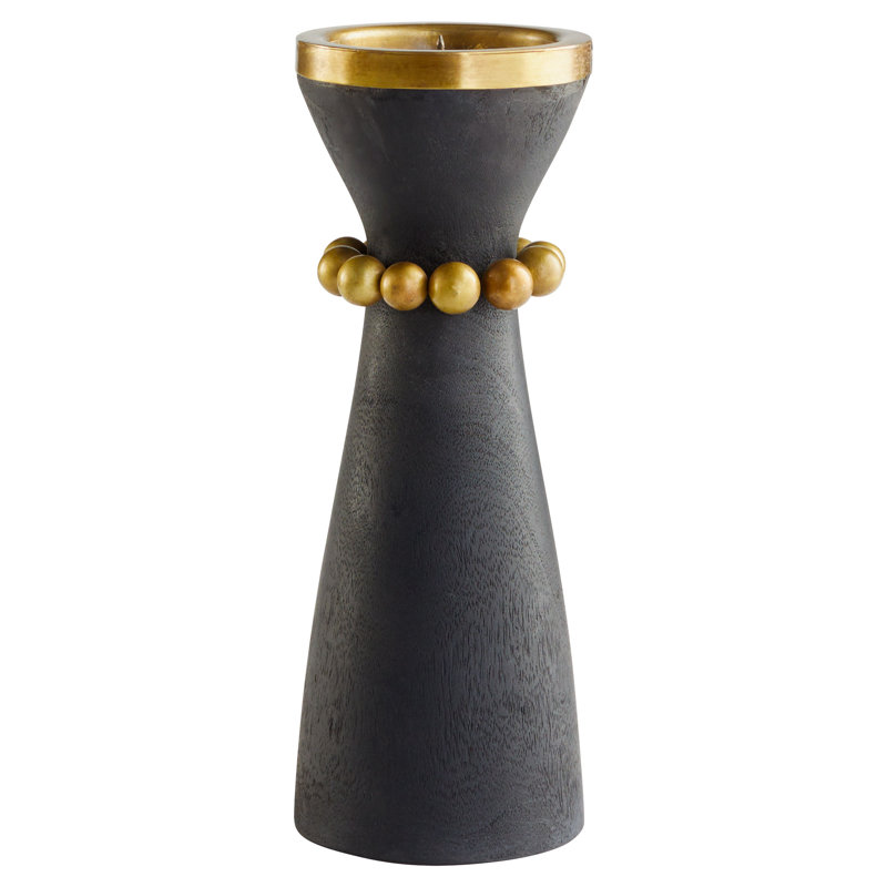 Parvati Wood Tabletop Candlestick, 14" H x 5.5" W x 5.5" D, Rubbed Black/Antique Brass