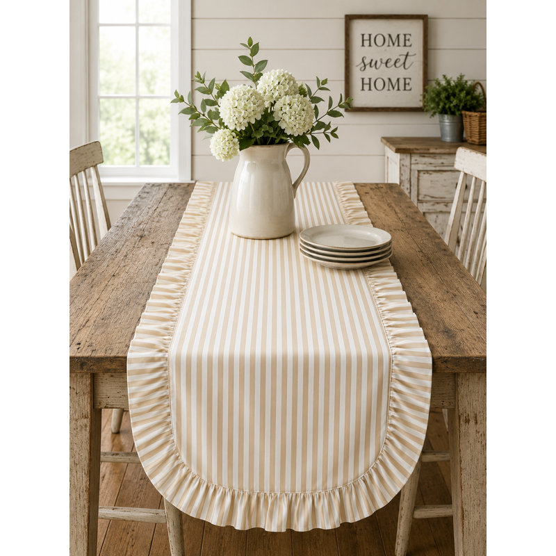 Chemin de table à rayures naturelles avec bordure à volants 16 po x 72 po - mélange de coton, Naturel