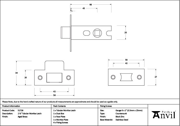 Tubular Mortice Latch, Aged Brass