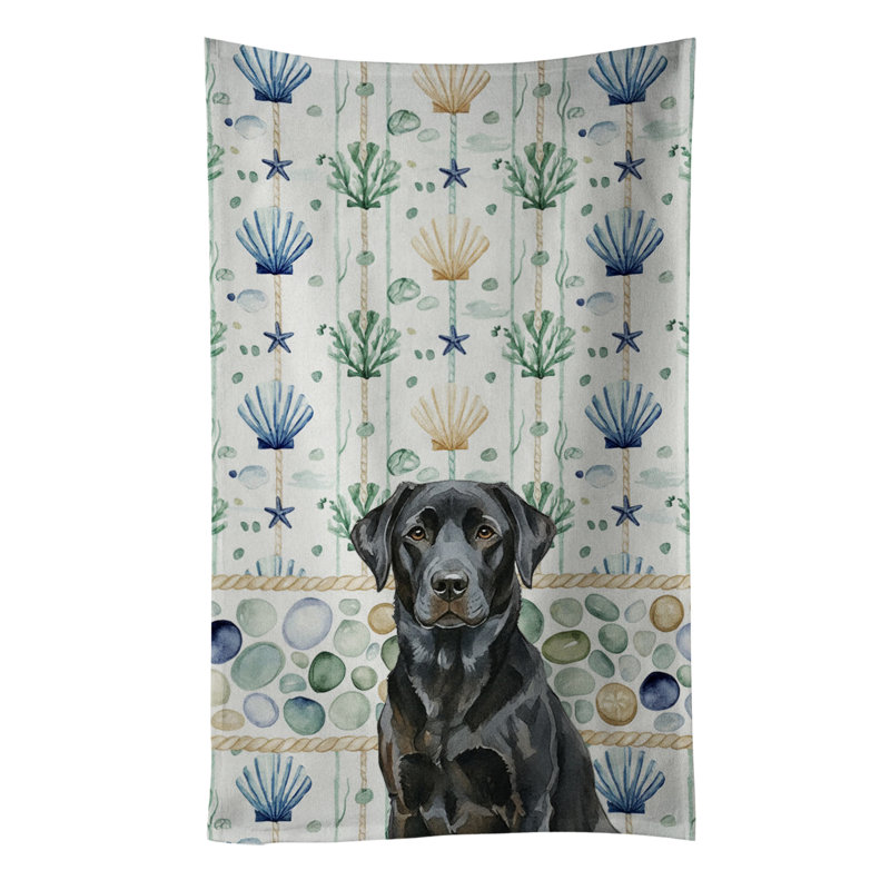Serviette de cuisine blanche en verre de mer à épagneul tibétain blanc, Labrador Retriever noir