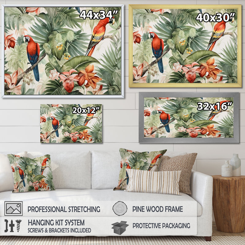 Perroquet au paradis I - art mural perroquet, H 12 po x l 20 po x P 1 po, Cadre flottant érable