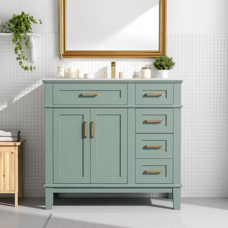 36" Modern Bathroom Vanity with Ceramic Sink,,Soft-Close Door,and 4 Storage Drawers, Green