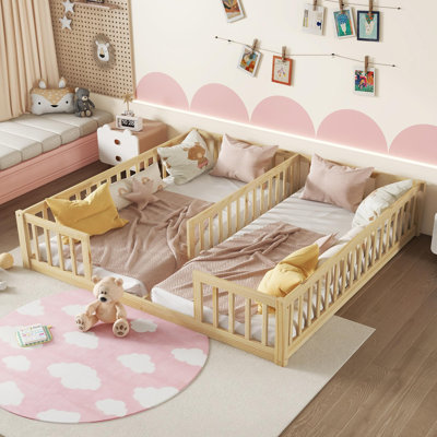 Double Twin Floor Bed with Fence and Guardrails, Twin, Natural