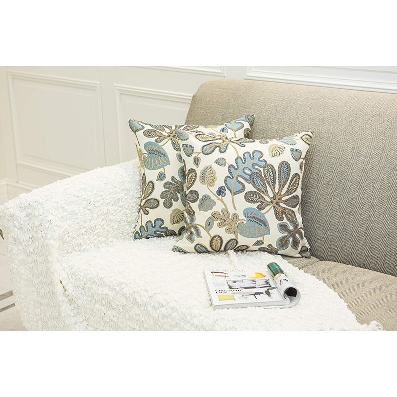  Housse de coussin intérieure / extérieure en coton mélangé, 20 po x 20 po, Bleu/crème