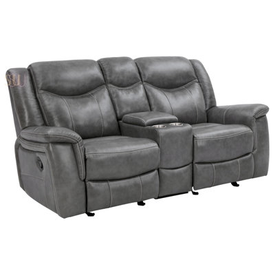 Carmen Cool Motion Loveseat With Storage, Grey Faux Leather, Dual Recline And Temperature-Regulating Gel Foam