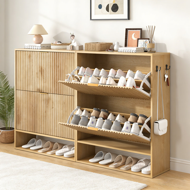 Fluted Shoe Organizer Cabinets Set of 2 , Slim Shoe Storage Cabinets with Flip Drawers, Bottom Open Shelf & Side Hooks, Narrow Freestanding Shoe Cabinets for Entryway, Hallway, Oak