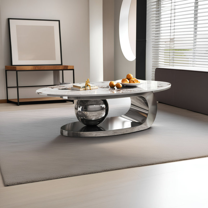 Table basse en marbre texturé pour le salon, table basse ovale moderne, Duplicata gris, 15.8" H x 49.2" W x 27.6" D