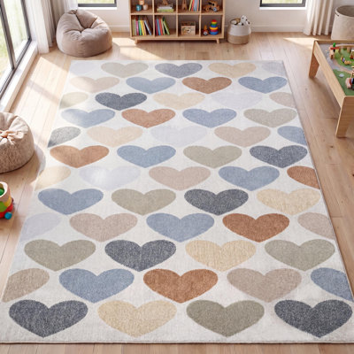 Tapis géométrique ivoire / bleu / orange Dila Modern Hearts