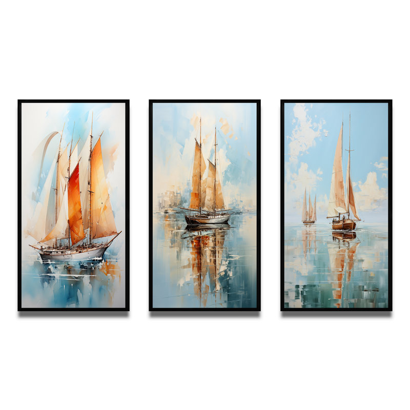 Voilier, aquarelle, voiles - bateau, art mural, ensemble de 3, Cadre flottant noir, H 28 po x l 36 po