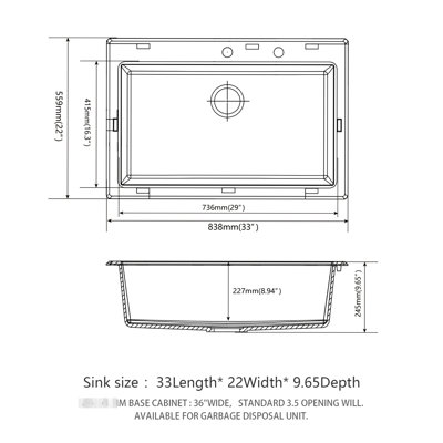 Évier 33 x 22 po en composite de quartz noir, évier solide et nettoyable 33 x 22 po, aspect granit, silencieux
