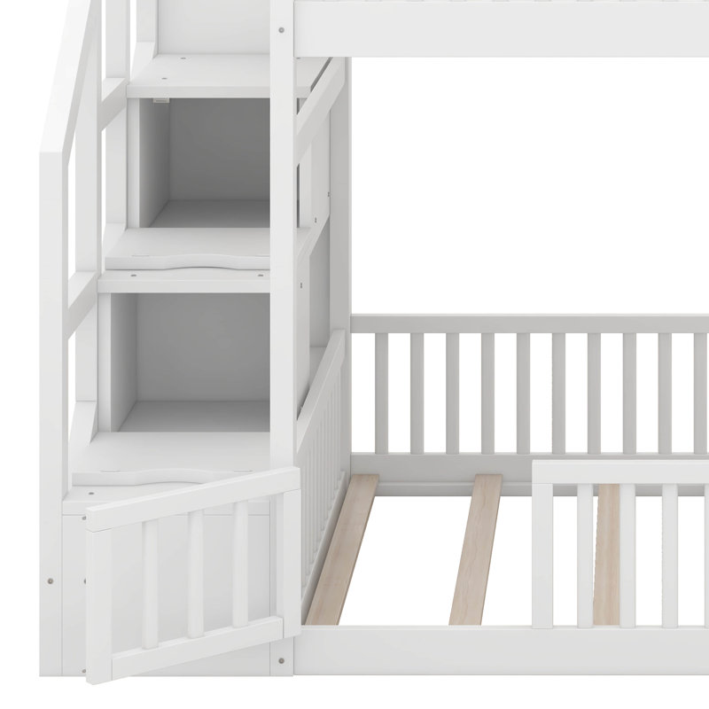 Lit superposé avec escalier de rangement et garde-corps, structure de lit superposé au sol en bois avec support de lattes robustes
