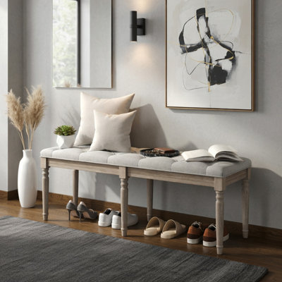 Banc de hall d'entrée rembourré beige - structure en bois d'hévéa massif de 47,5 pouces avec tissu en lin et coussin en mousse haute densité, pieds sculptés rétro, capacité de 440 lb