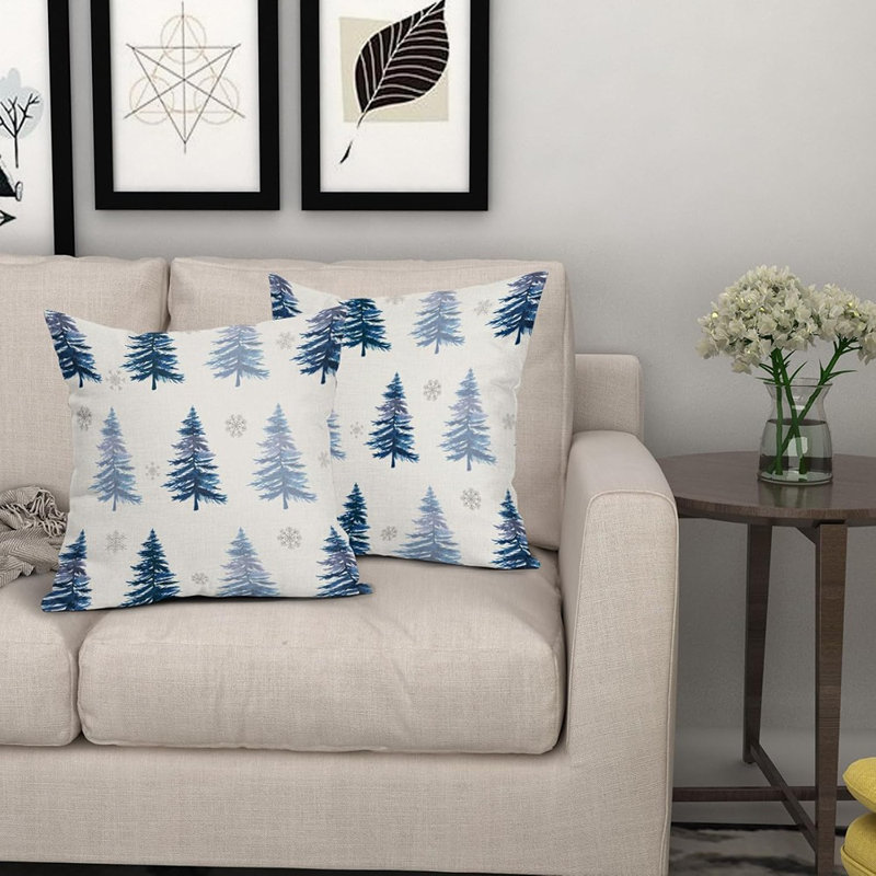 Housses de coussin d'hiver 18 x 18 pouces, ensemble de 2 housses de coussin décoratives pour flocons de neige en forme d'arbre de Noël bleu