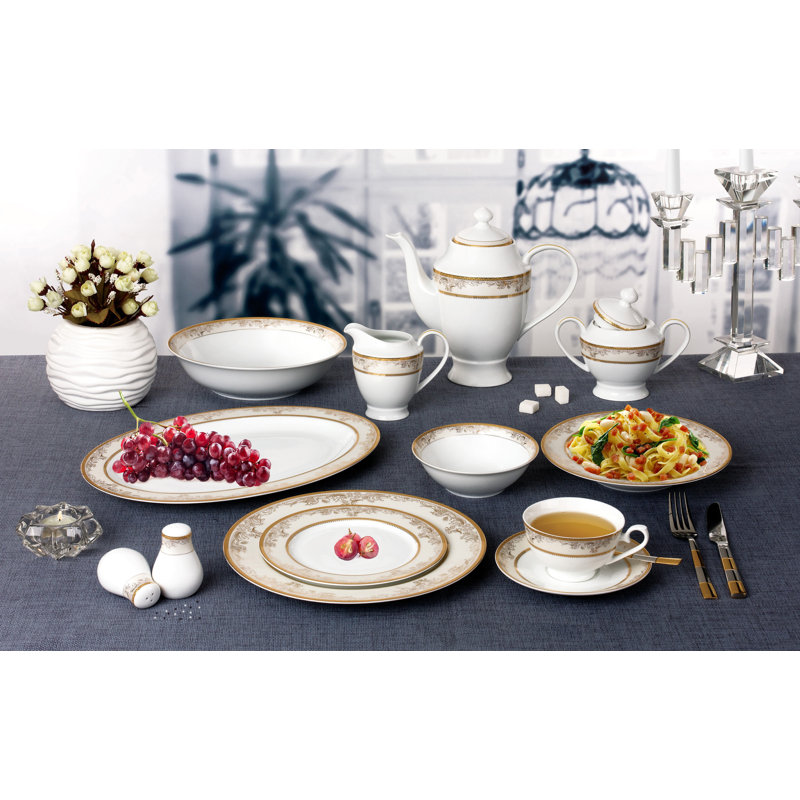 Elegant Gold and Ivory Scroll Porcelain Dinnerware Set for 8