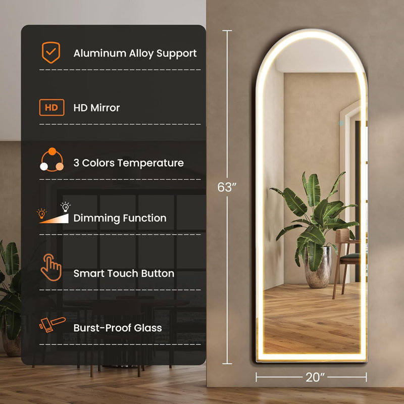 20"×63" Arched Full Length Mirror With Light, 63" H x 20" W