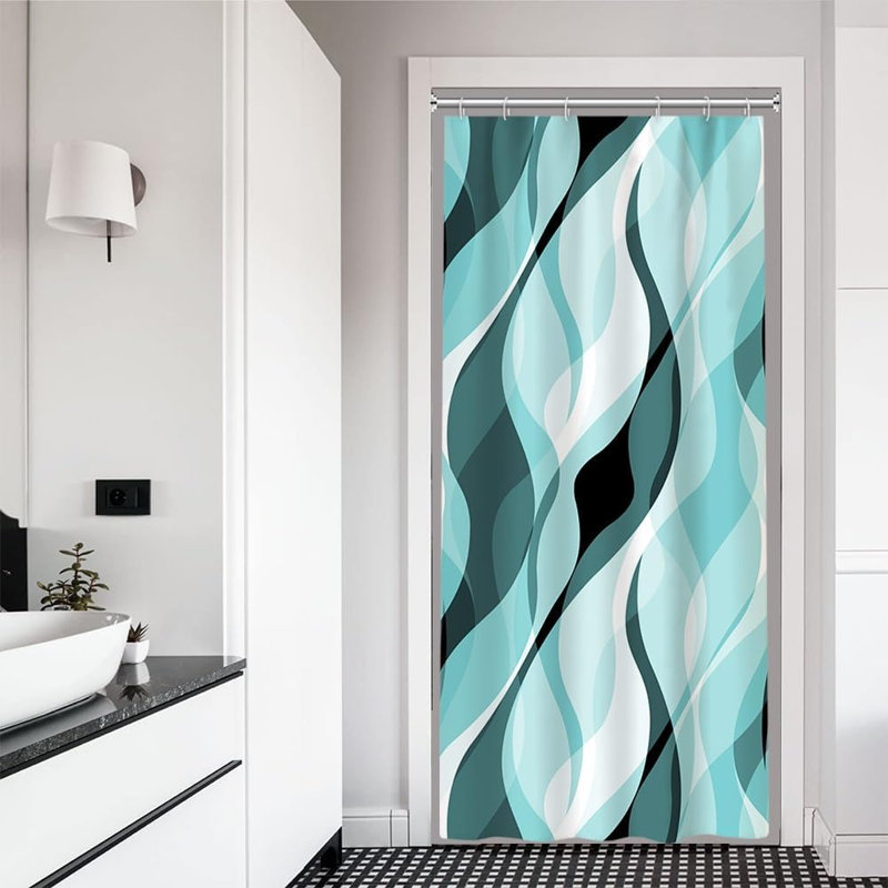 Pack of 1 Modern Abstract Black and Grey Striped Shower Curtain Set with Hooks, 182.88cm W x 198.12cm L, Teal