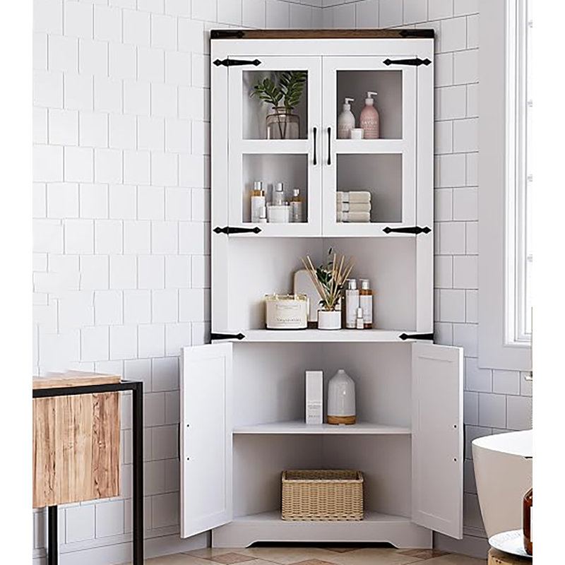 Tall Corner Storage Cabinet With Barn Door & Adjustable Shelves, White