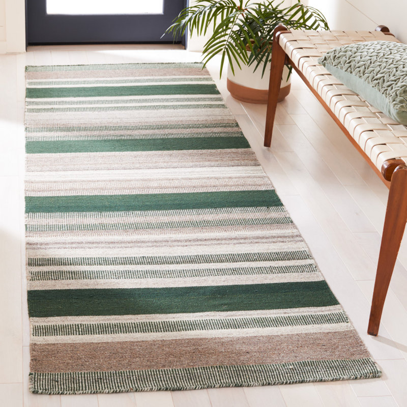 Tapis rayé vert / gris Dhurries, Tapis de couloir 2 pi 6 po x 8 pi