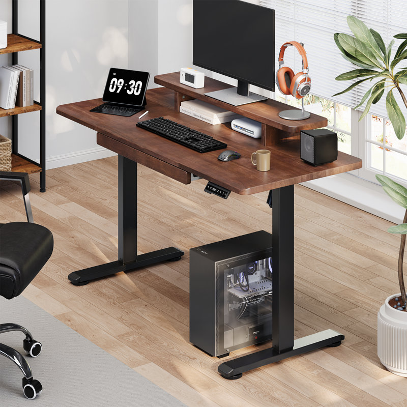 Bureau en bois massif, bureau électrique à hauteur ajustable avec support pour écran, bureau debout rectangulaire pleine grandeur de 55 X 23,6 pouces, contrôleur de mémoire et tiroir coulissant pour la maison et le bureau
