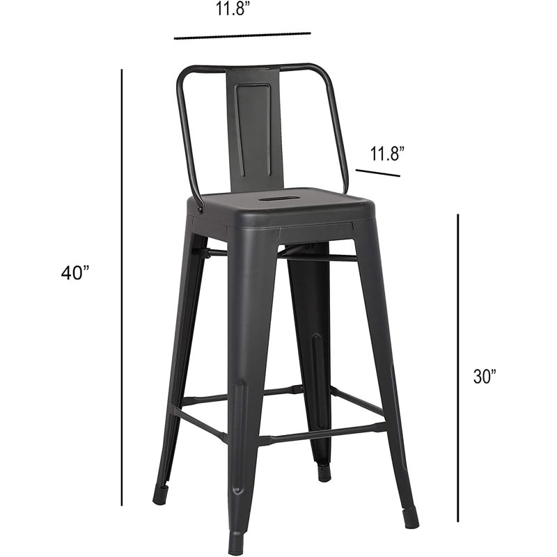 Ensemble de 2 tabourets de bar en métal noir mat 30 pouces, ensemble de 2 tabourets de comptoir à dossier en acier avec design en acier à 4 pieds