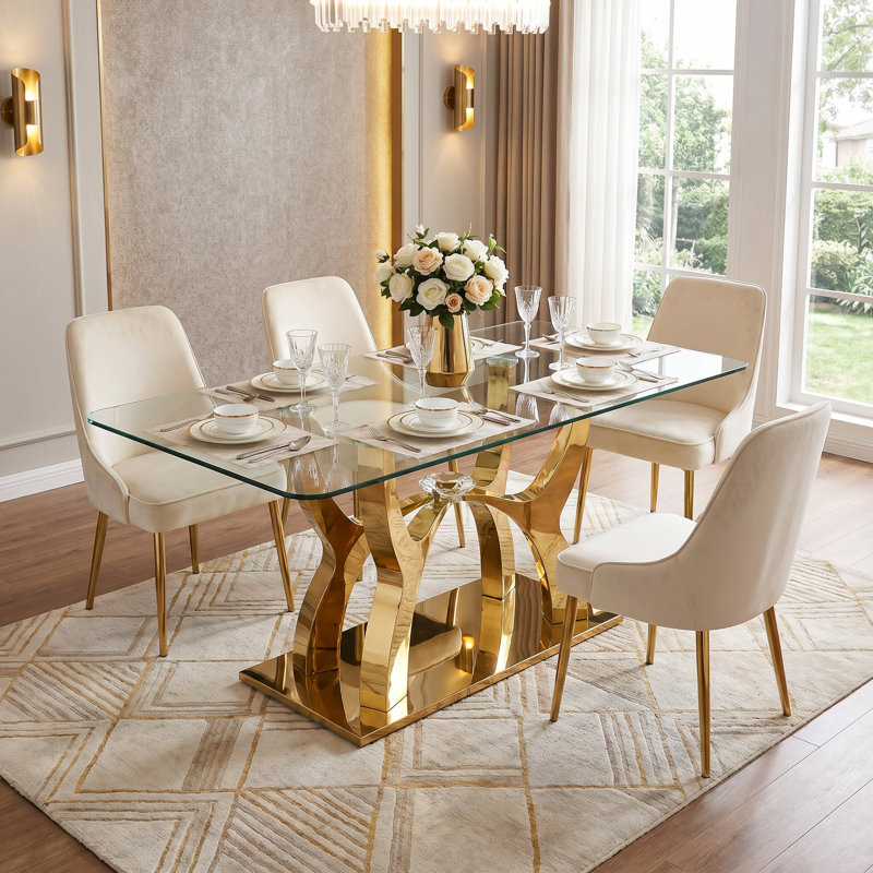 68.9" Luxury Rectangular Tempered Glass Dining Table for 6-8, Modern Kitchen Dinner Table with Mirrored Gold Stainless Steel Pedestal Base for Dining Room