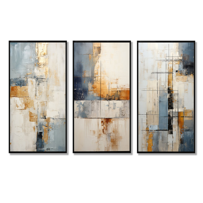 Abstrait beige et doré, collage sur route - ensemble de salon abstrait 3 pièces, H 40 po x l 60 po, Cadre flottant noir