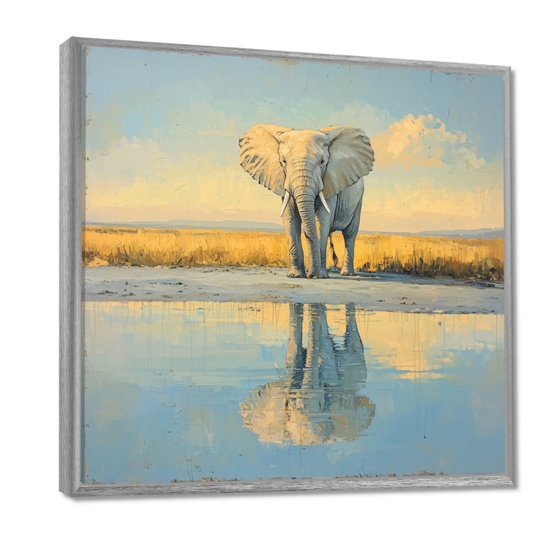 Halpin éléphant au bord de l'eau d'Afrique III - éléphant, art mural, Impression encadrée flottante, Argent argent