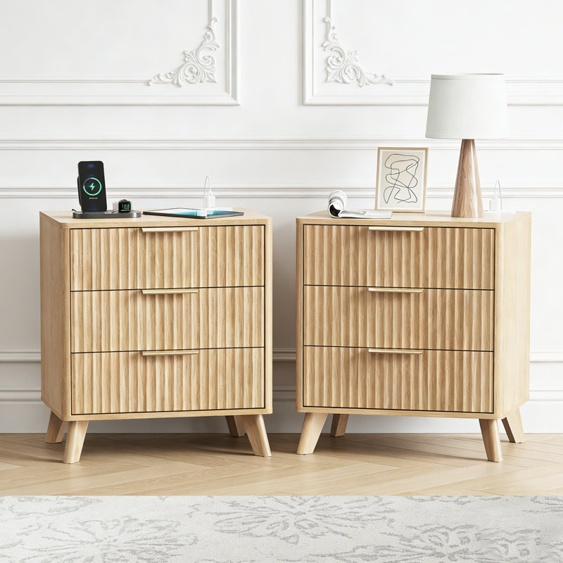 3 - Drawer Nightstand with Charging Station(Set of 2)