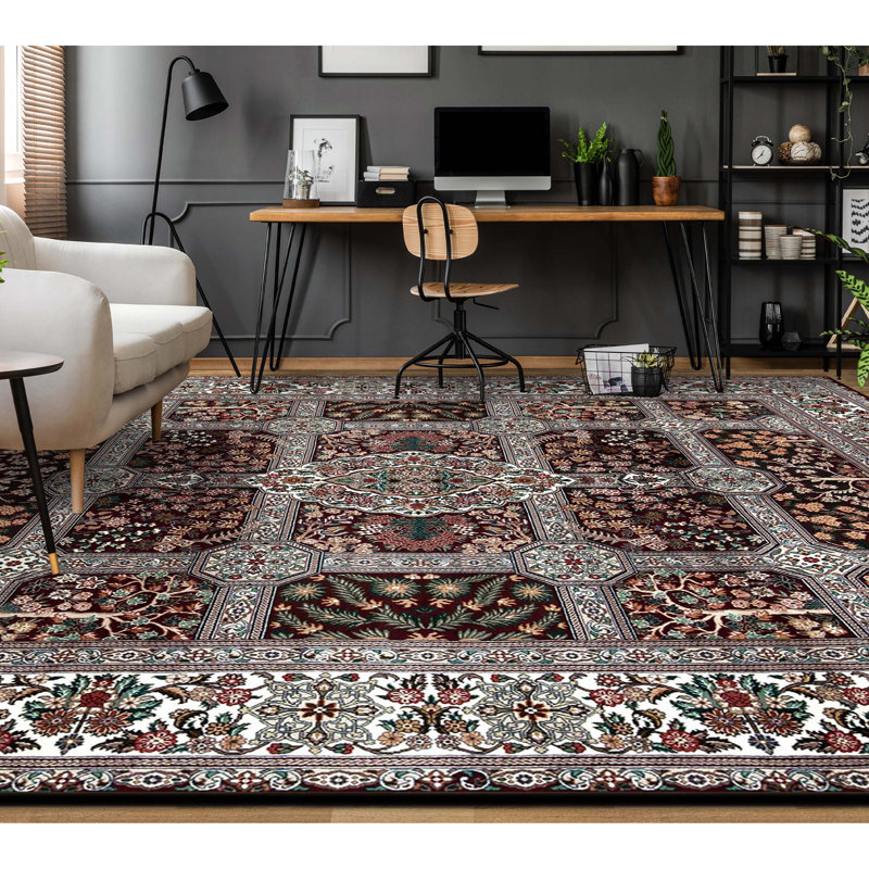 Tapis prune et ivoire noué à la main de haute qualité
