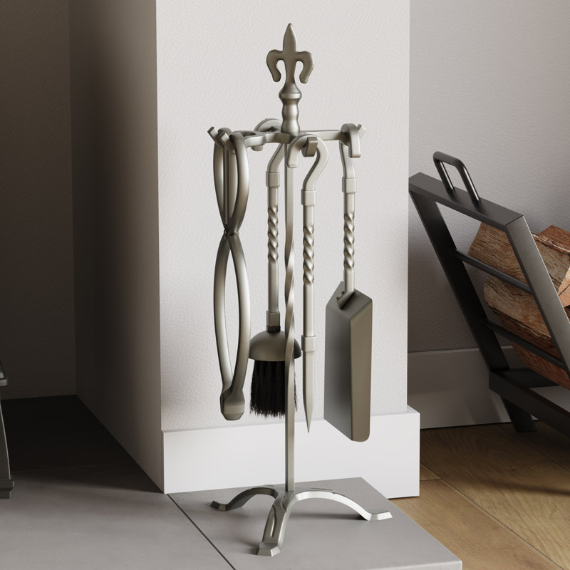 Vida Fleur-de-Lys Steel Fireplace Tool Set, Pewter