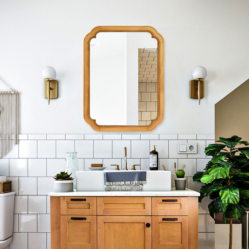 Miroir de pharmacie mural de 31,5 po de hauteur avec cadre en bois et rangement pour la salle de bain Élégante conception de perles, utilitaire durable, armoire de routine à installation rapide avec garniture unique de 24,41 po de profondeur
